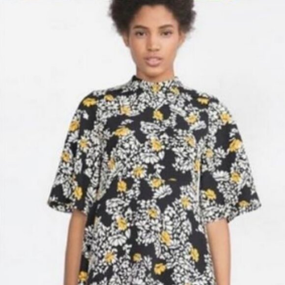 ZARA Basic High Neck Floral Short Sleeve A-line Mini Dress in Black/White/Yellow - Picture 1 of 15